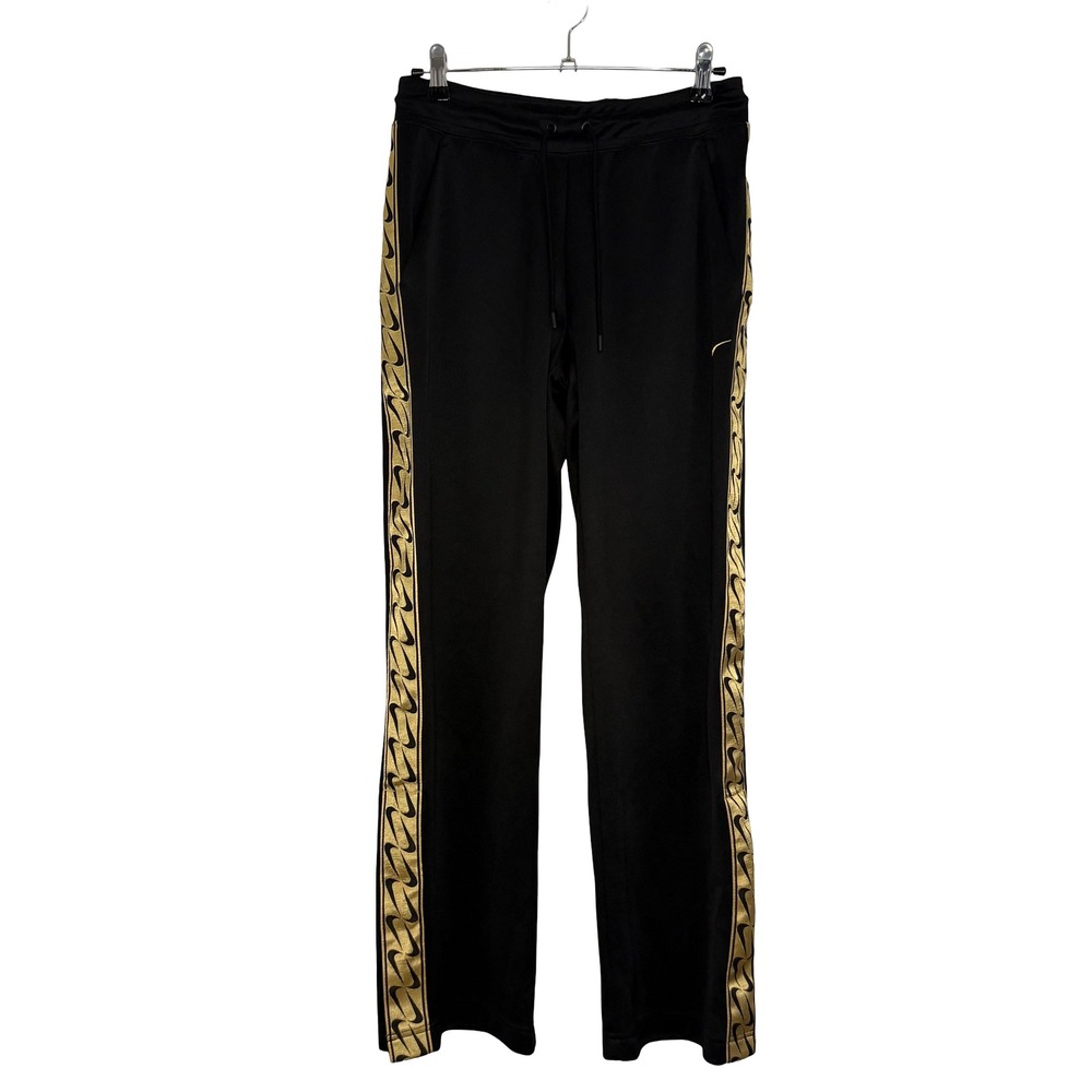 Nike Track Pants Women S Black Gold Metallic Swoosh Tape Wide Leg Excellent